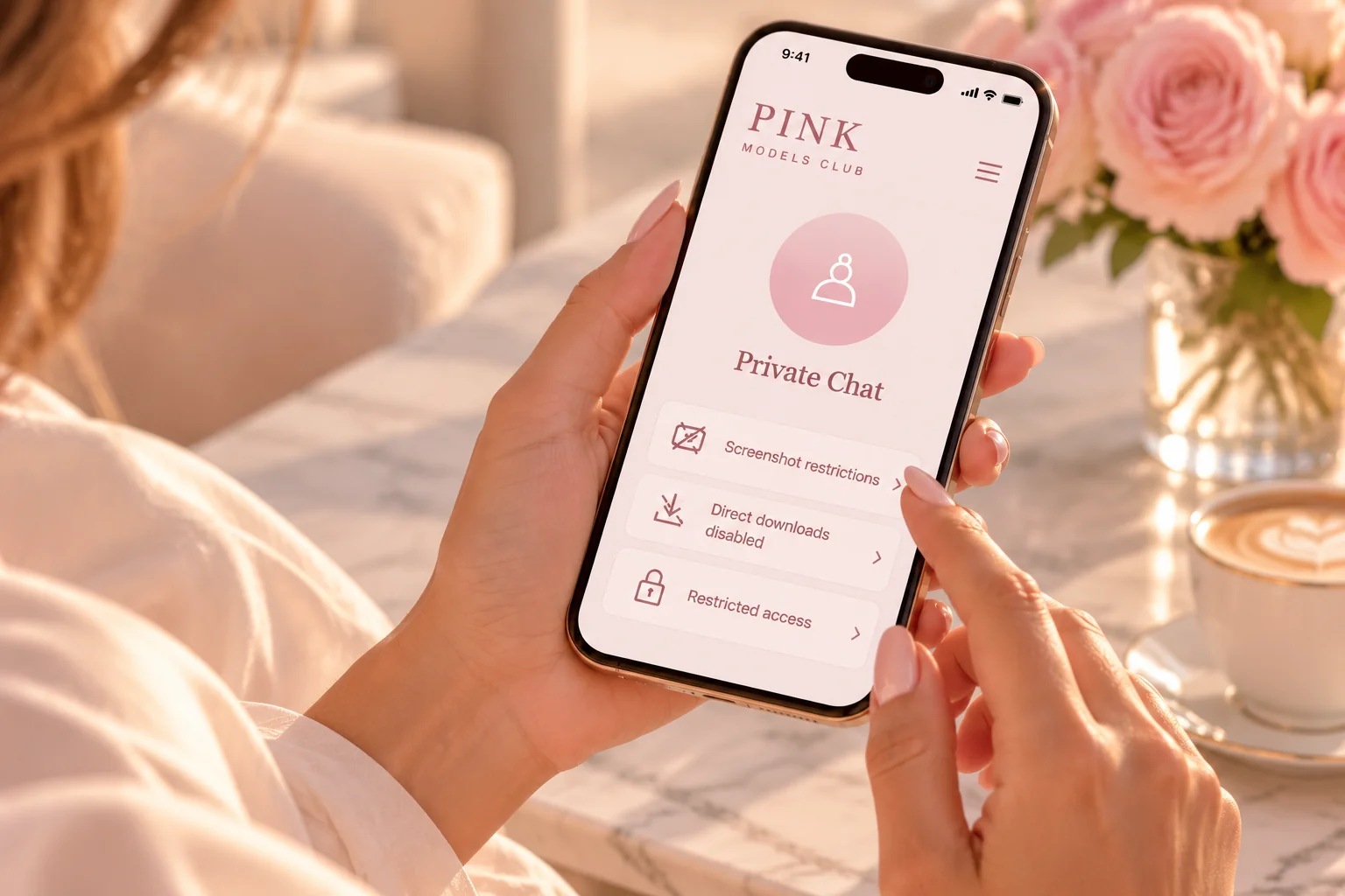 Editorial illustration of a woman holding a Pink Models Club phone displaying private chat and content protection controls