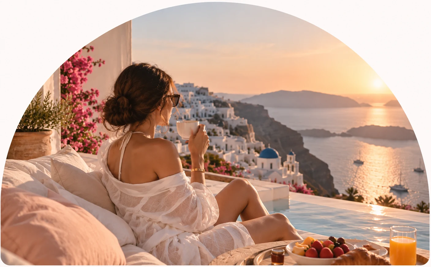 Escena editorial ilustrativa: mujer disfrutando de una terraza con piscina infinita y vistas a Santorini, Grecia